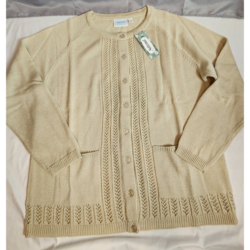 National Womens Beige Pointelle Knit Button Front Cardigan Sweater 1X 8456 NWT